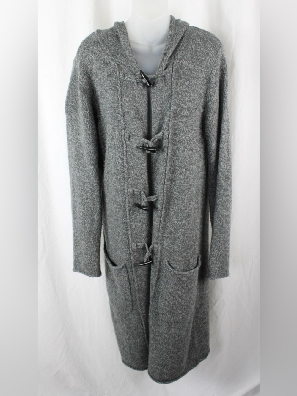 JOIE GRAY & WHITE MELANGE HOODED SWEATER COAT DUSTER TOGGLE CARDIGAN POCKETS M